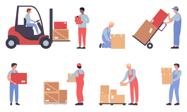 Warehouse workers doing job set isolated Warehouse workers doing job set. Cartoon flat worker staff people work, load packages and containers loading warehousing process isolated on white package delivery stock illustrations